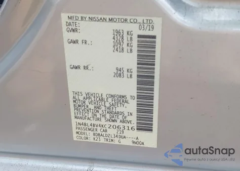 2019 Nissan Altima 2.5 S z USA, uszkodzony, nr VIN 1N4BL4BV4KC206316